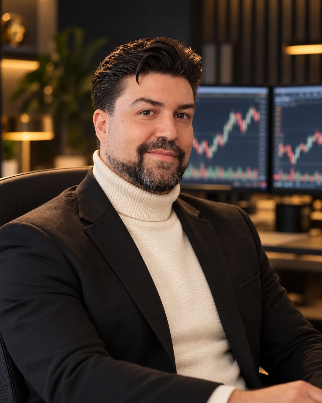 Daniel Fernandez Navarro am Trading-Arbeitsplatz, in schwarzem Sakko und cremefarbenem Rollkragen
